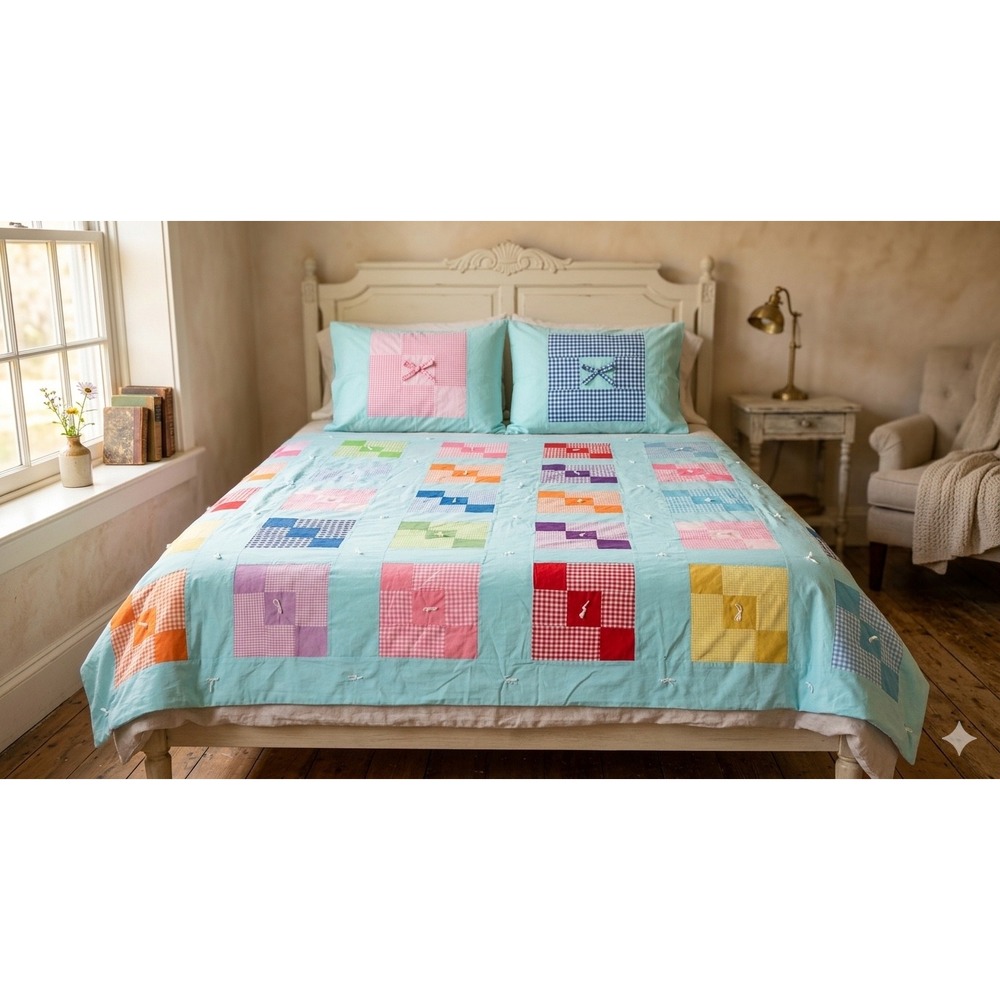 Handmade Vintage Patchwork Tied Quilt Gingham Floral Reverse‎ 90x74 Full